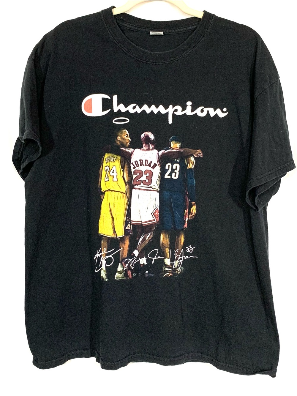 Champion Black Tee with Yellow, White & Blue NBA Legends Graphic, Koby, MJ, LB